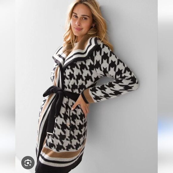 White House Black Market Houndstooth Stripe Sweater Coat Size Medium - Picture 15 of 15